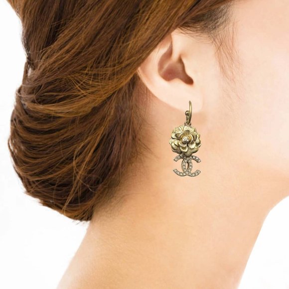 Chanel Gold Camellia Flower CC Opal Crystal Dangle Piercing Earrings - Picture 2 of 4